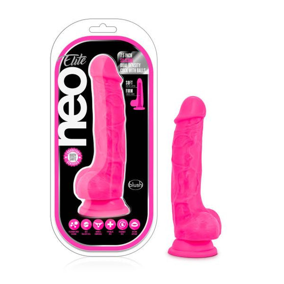 NEO ELITE 7.5IN SILICONE DUAL DENSITY COCK W/ BALLS NEON PINK-BN82100