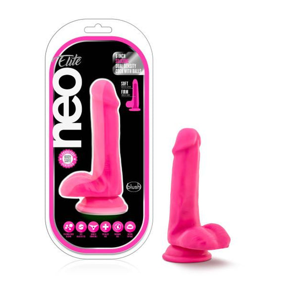 NEO ELITE 6IN SILICONE DUAL DENSITY COCK W/ BALLS NEON PINK-BN82400