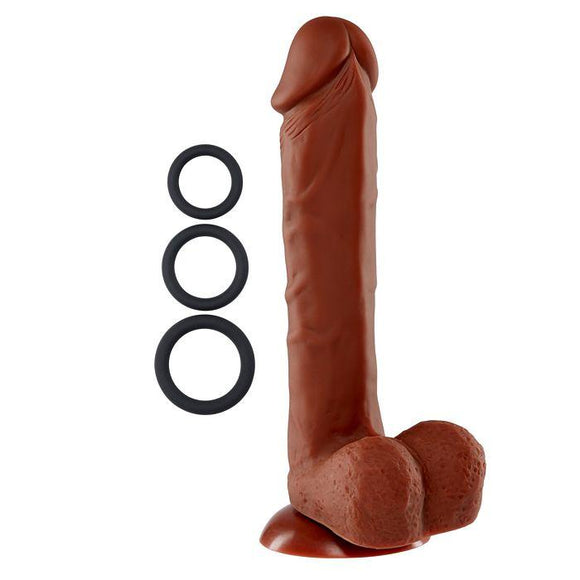 PRO SENSUAL PREMIUM SILICONE DONG W/ 3 C RINGS BROWN 9 
